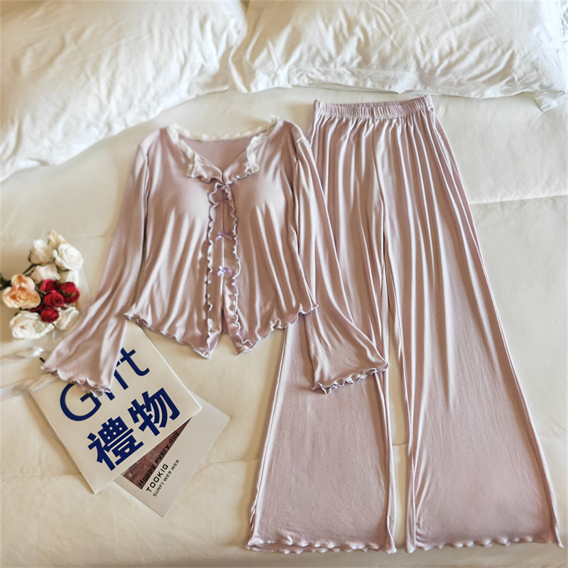 莫代爾睡衣女士春秋季帶胸墊長袖甜美純欲風蕾絲花邊可外穿家居服