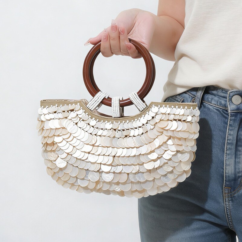 Za Same Style High-End Versatile Handmade Shell Handbag, Personalized Solid Color Beaded Beach Travel Women's Evening Bag