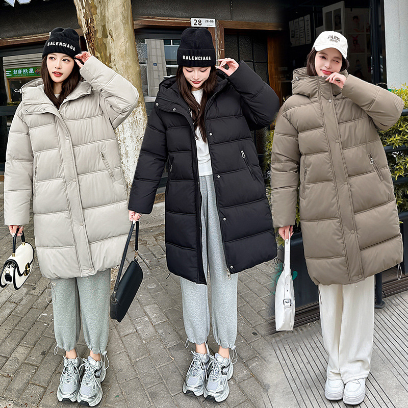 外贸跨境2025冬季新女装羽绒棉服加厚保暖连帽中长款包臀保暖外套