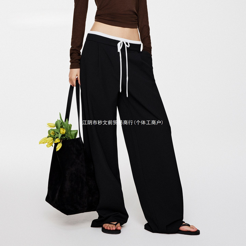 Asomesome Song Zuer's American-Style Patchwork Waistband Suit Pants for Women, Loose Black Straight-Leg Casual Trousers with Printed Patterns