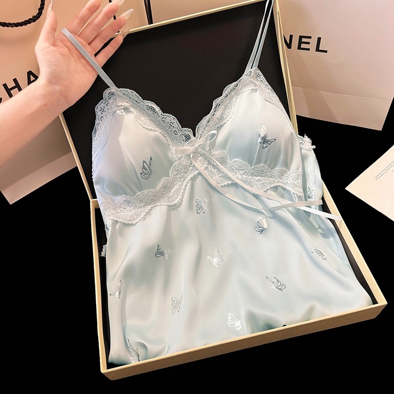 女性用サスペンダーナイトガウン、夏のアイスシルクホットスタンプバタフライハイエンドパジャマ、甘い女の子のシルクホーム服、インターネットセレブスタイル|undefined