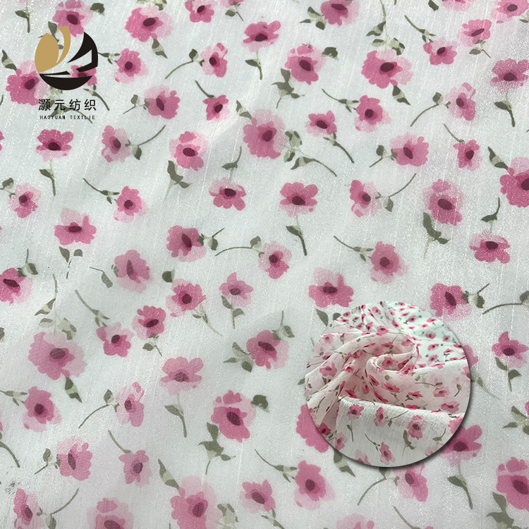 Tela de organza arrugada de poliéster, tela de impresión de flor rosa, ropa de mujer de primavera y verano, tela de impresión de primavera y verano