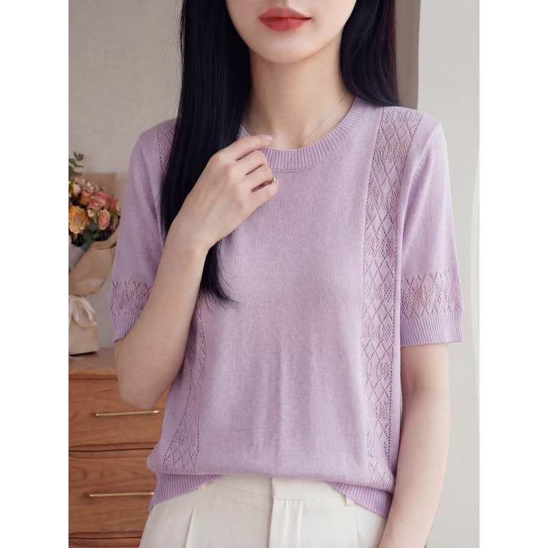 Spring summer cotton knitted solid color sweater with a round collar