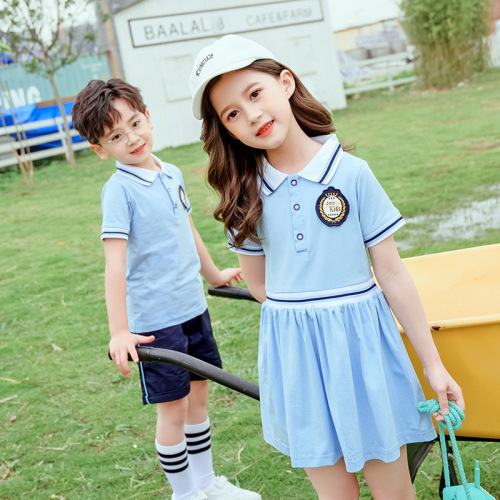 Summer College Style Girls' School Uniform Dress Set Blue Set Pure Cotton Long Sleeve Top and Pants