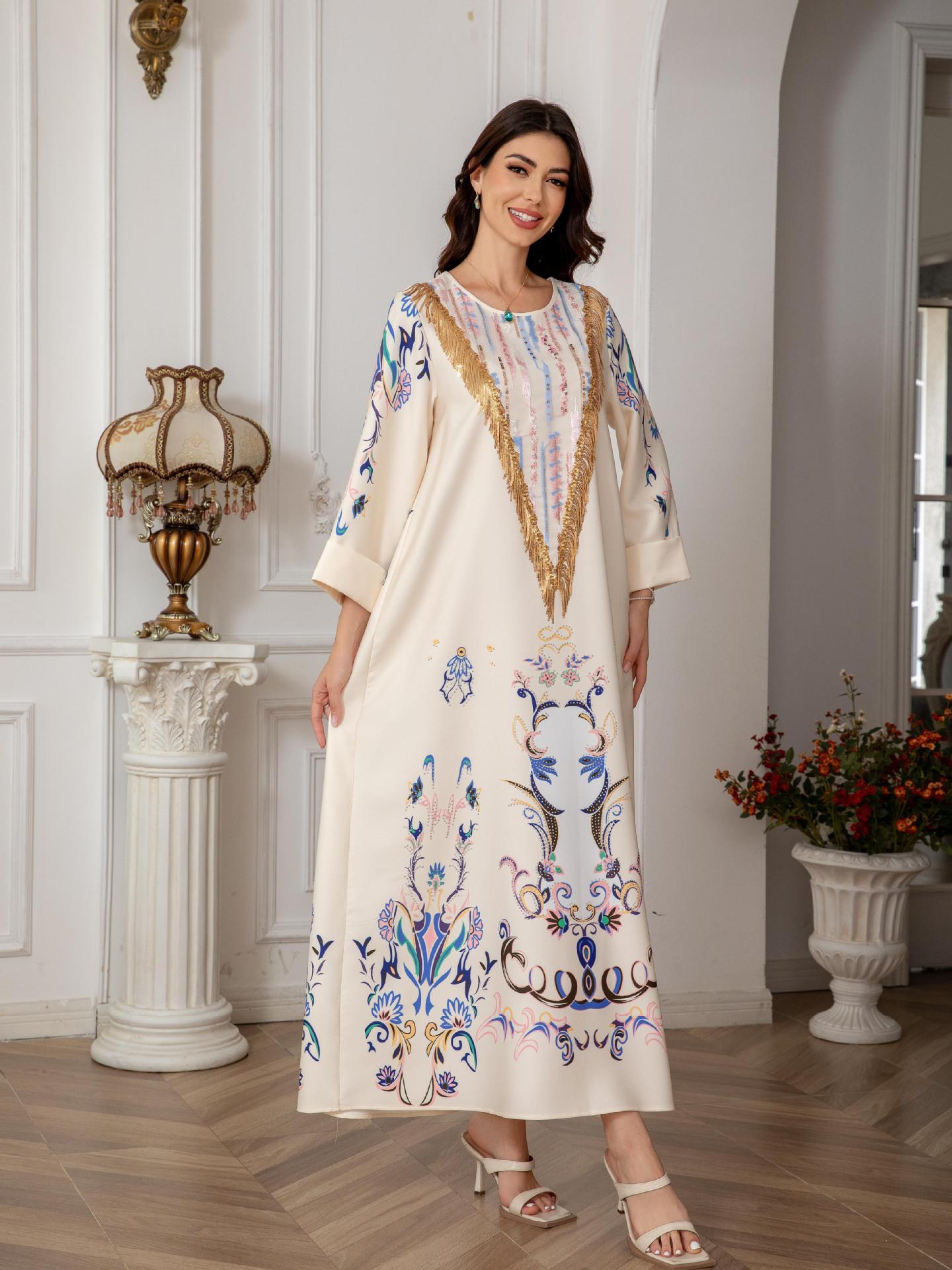 SW0811 Middle East Muslim Women's Long Robe European And American Cross-Border Printed Evening Abaya Dress_ecoleips.com