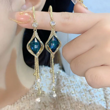 韓國耳環2022新款潮長款流蘇耳環精致氣質百搭藍水晶耳飾女式耳墜
