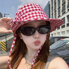 少女風甜美格子漁夫帽女春夏季百搭大帽檐防曬帽防紫外線遮陽帽子