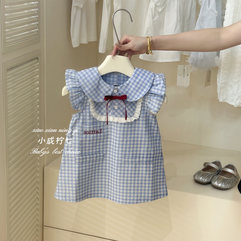 Qixiaoqi Girls' Preppy Style Blue Plaid Flutter Sleeve Dress Baby Summer Lace Doll Dress Wholesale Dropshipping
