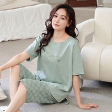 夏季女士棉质睡衣短袖七分裤套装青少年卡通图案休闲家居服可外穿