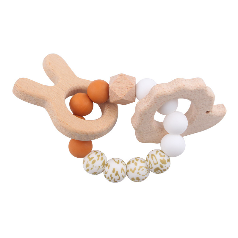 Nuevo bebé conejo bordado pulsera de goma de madera DIY bebé perlas de silicona juguetes de mordida de dientes varilla de molienda