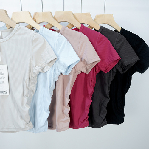 Waisted short-sleeved slim-fitting ribbed T-shirt high-waisted short quick-drying yoga wear outdoor sports summer round neck