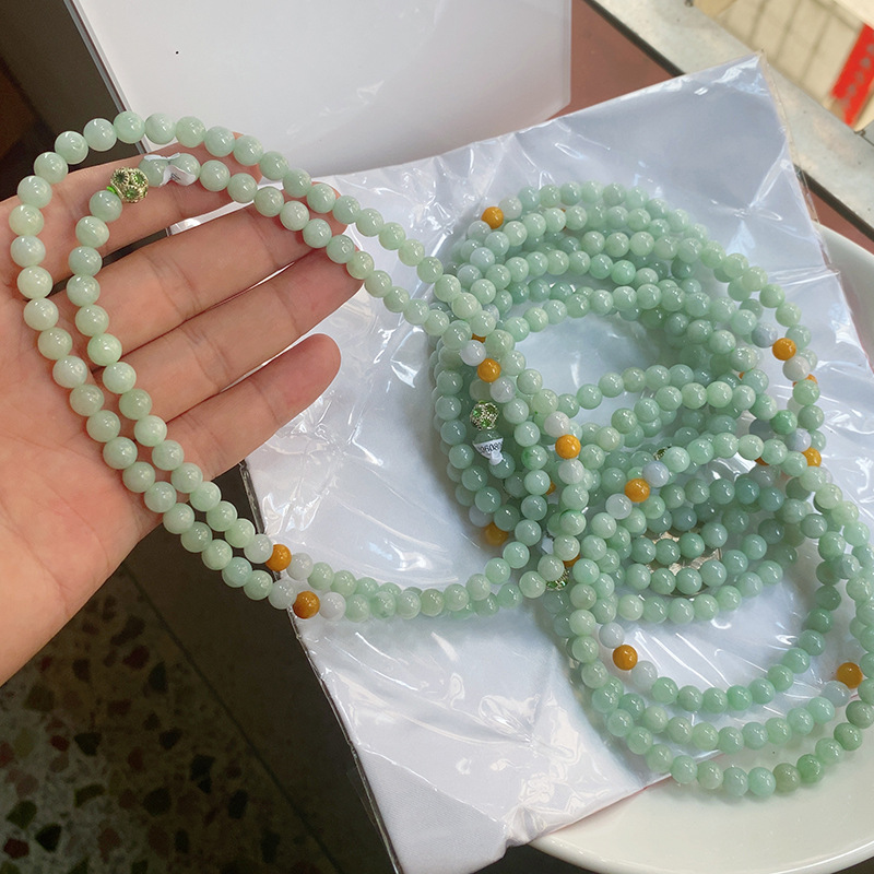 Myanmar Emerald pit Ice waxy kind Light green Three-color 108 Extension Bead Necklace certificate