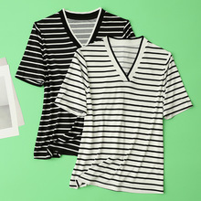 不透100%桑蚕丝真丝V领短袖条纹时尚显瘦32针T恤衫上衣女肌底衣夏