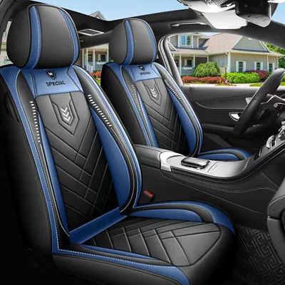 Leather Car Seat Cushion, Universal: Seat cushion, seat cover - five-seats-black-and-blue