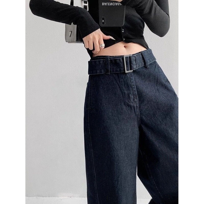 American High Street Hottie Loose Wide-Leg Jeans for Women Spring and Summer New Dark Blue Wide-Leg Floor-Length Trousers