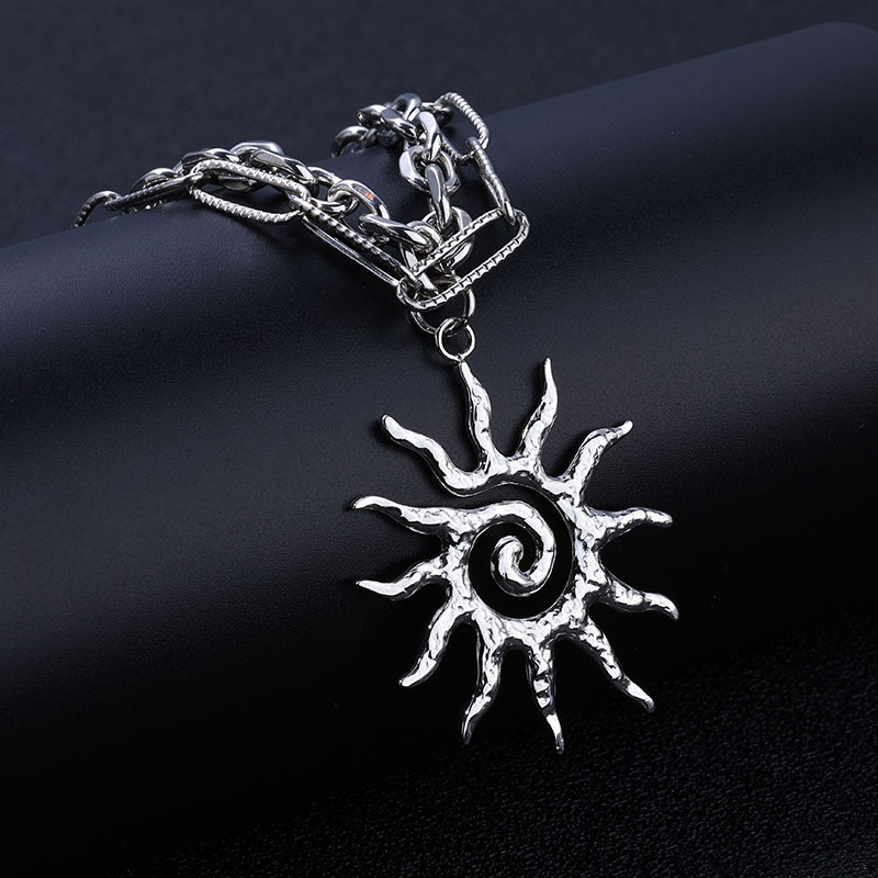 38g Weight 667 Stainless Steel Pendant Material Double Layer Necklaces Classification 667 Stainless Steel Chain Material Retro Sun 667 Stainless Steel Unisex Double Layer Necklaces Men Layered Necklaces