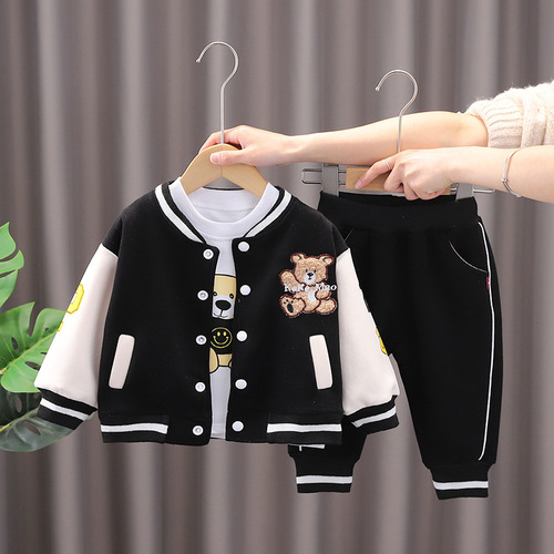 Children's outerwear new spring and autumn stylish cute cartoon bear three-piece set boys' baseball uniform hoodie children's clothing