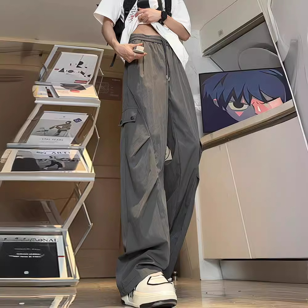 dark gray American-style overalls men's summer thin tall long quick-drying pants pleated hiking paratrooper pants