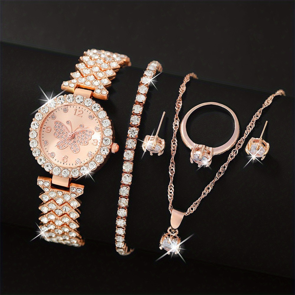 Juego de reloj de pulsera de acero para mujer de 5 piezas – diseño de mariposa con diamantes, versátil