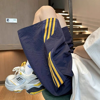 藏青黄条纹速干短裤男美式潮牌篮球运动裤夏季复古直筒宽松五分裤