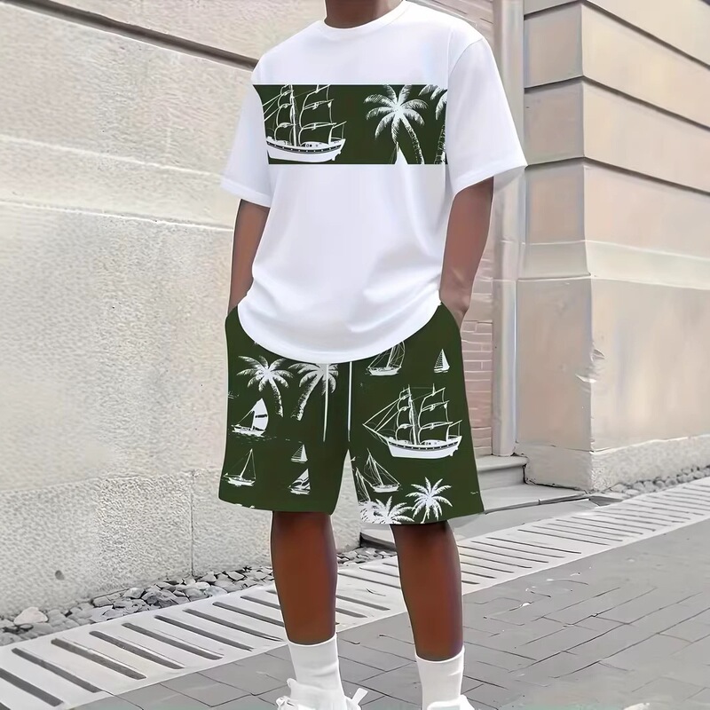 2026 Cross-Border Foreign Trade Men's Short-Sleeved Shorts Set Coconut Tree Digital Print Round Neck T-Shirt Summer Vacation Style