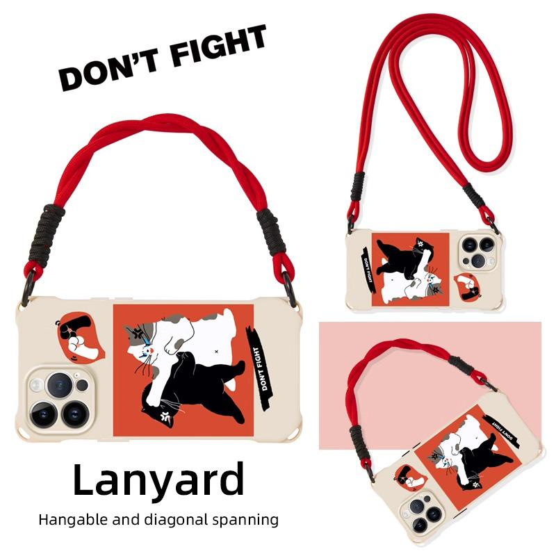 Cat Fighting New Apple 15Promax Mobile Phone Case 16 Suitable for Ip15 Four-Corner Opening Lanyard Android Style