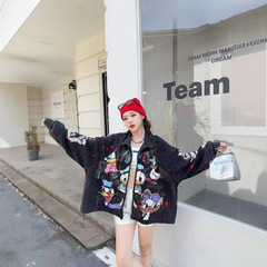 欧货2025秋季款宽松中长大版拼色贴布卡通图案棒球服夹克外套女