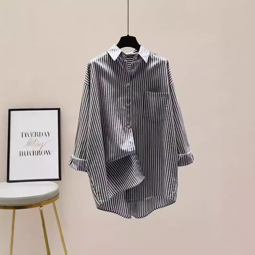 Cotton striped printed long-sleeved shirt for women 2025 spring and autumn Korean style literary loose simple mid-length cardigan shirt