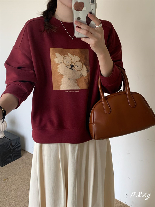 013 慵懒风圆领卫衣女秋季新款薄款休闲卡通长袖女式卫衣百搭外套|undefined