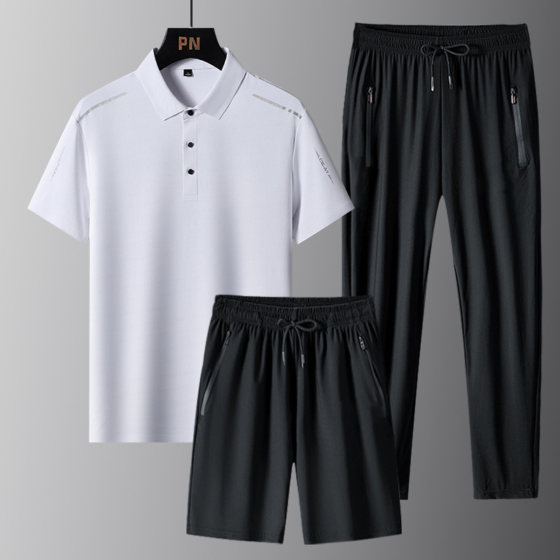 enfriamiento ventilación polo seda de hielo hombre manga corta camiseta de verano larga ropa casual de hombre tres piezas