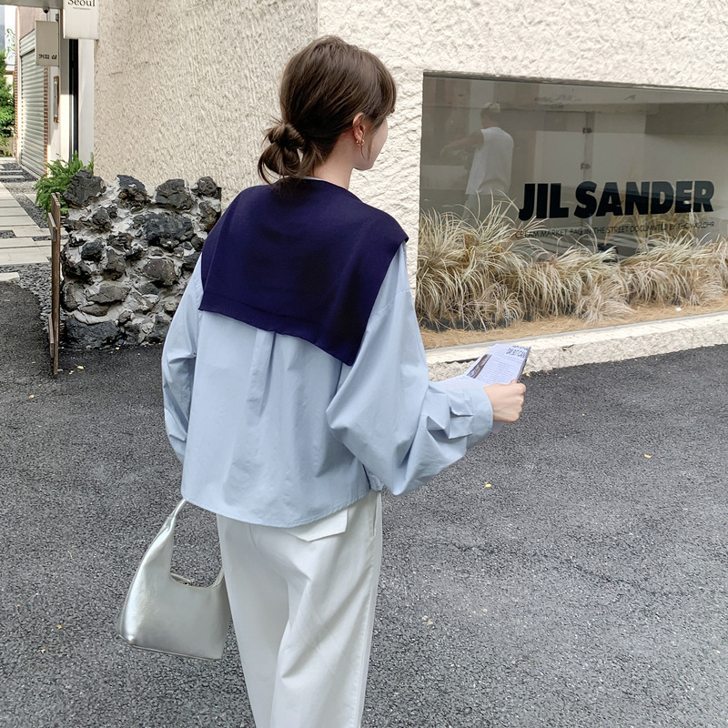 浅蓝色韩系针织披肩衬衫套装女2025秋小个子气质休闲阔腿裤两件套|undefined