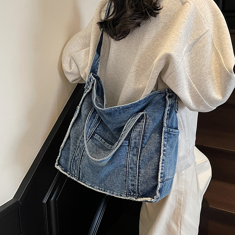 Harajuku Style Raw Edge Denim Bag Women's Commuter Crossbody Bag Large Capacity Handheld Tote Bag Canvas Shoulder Bag