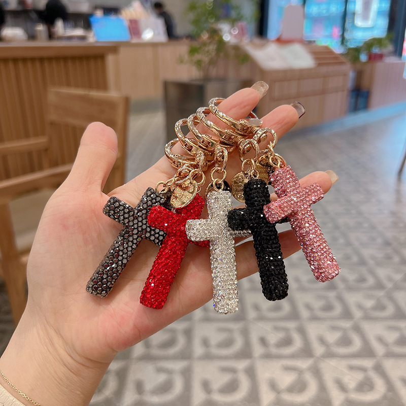 New Clay Cross Keychain with Diamonds, Diamond Car Keychain, Creative Bag Pendant, Cross-Border Unisex New Clay Cross Keychain with Diamonds, Diamond Car Keychain, Creative Bag Pendant, Cross-Border Unisex