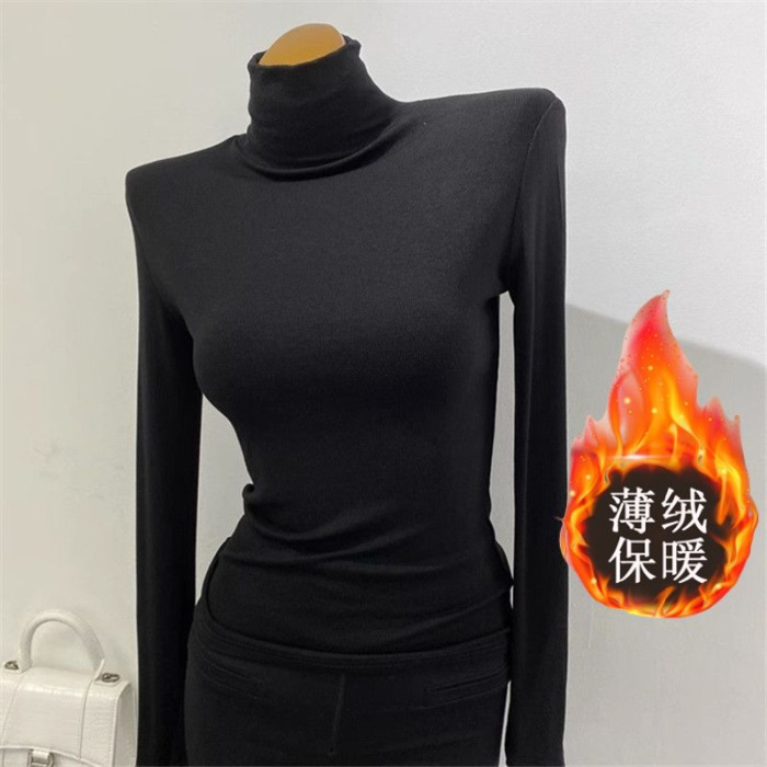 高领长袖T恤2025新款女秋冬白色紧身磨毛保暖上衣弹力内搭打底衫|undefined