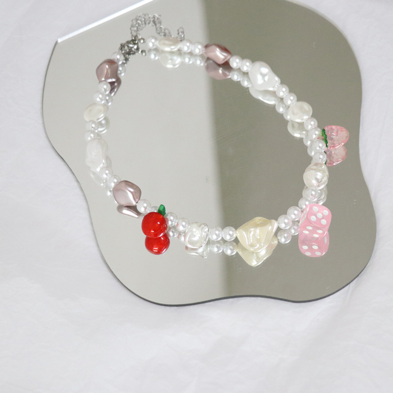 Cherry Strawberry Dice Multi-Element Pendant beaded Necklace