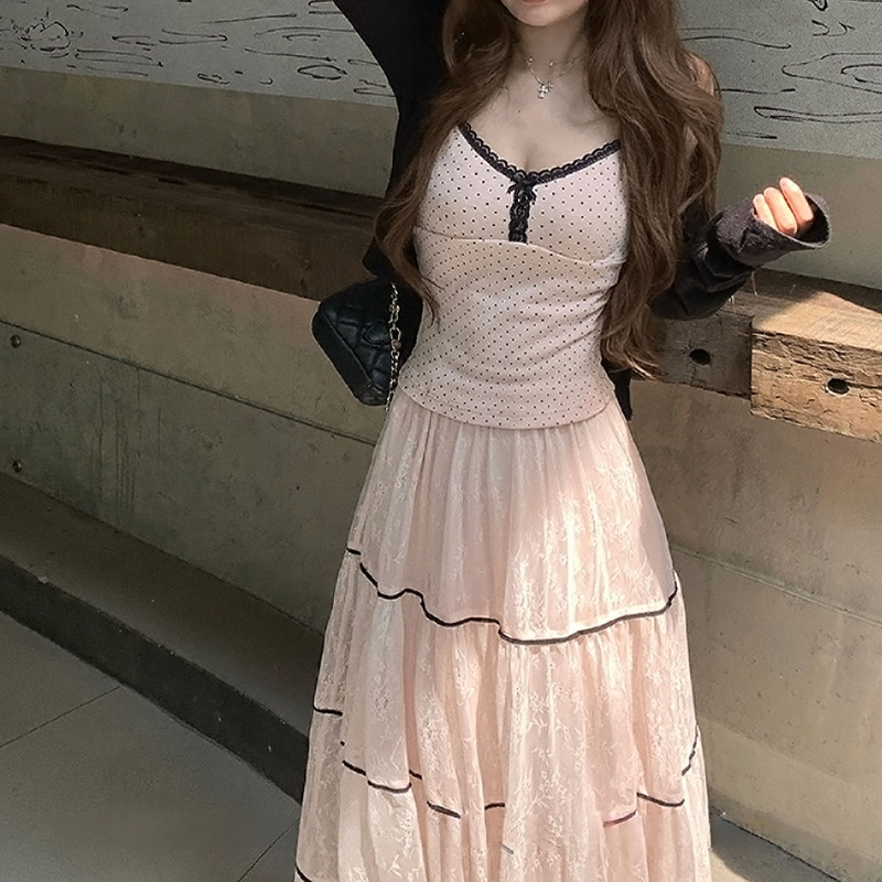 Qianyu Early Autumn New Korean Style Fluffy Lace Skirt Women's Early Autumn A-Line Long Cake Skirt Gauze Skirt