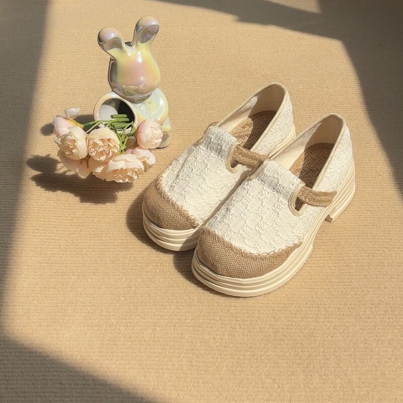 Ethnic Linen Summer New Canvas Shoes with High Heels, Embroidered Chinese Style Slip-On Shoes for Women, Thick-Soled Floral Ethnic Style