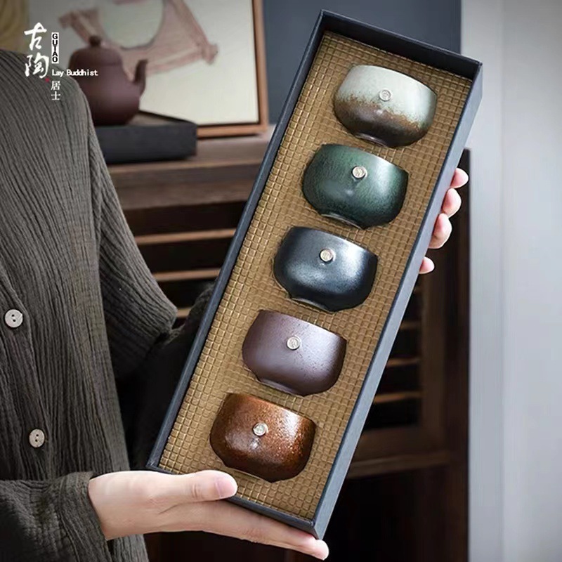 Five Elements Cup Kiln-Changed Tea Set: Master's Mug, Rustic Ceramic Kung Fu Teaware, Large-Sized Personal Gaiwan, Single Cup in Elegant Gift Box