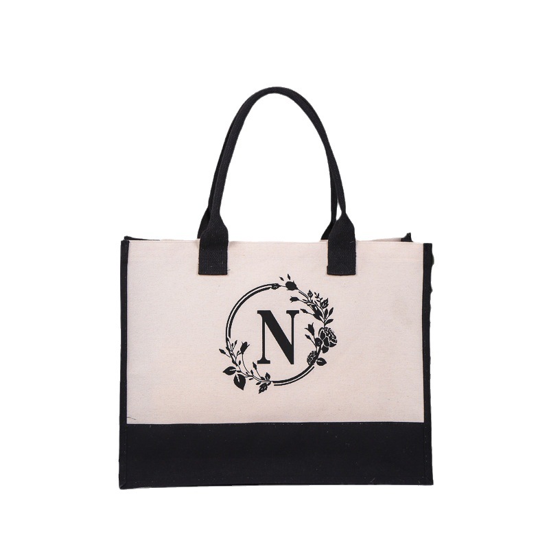 En stock de algodón y lino lienzo carta bolsa de playa moda europea y americana bolso de compras de la lona del bolso logotipo personalizado