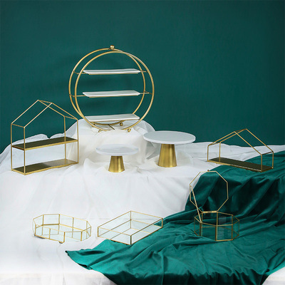 Tabla de postres de estilo europeo, estante de exhibición de bodas, banquete de bodas, estante de pastel, estante de té de la tarde, estante de golden snack set de 7 piezas