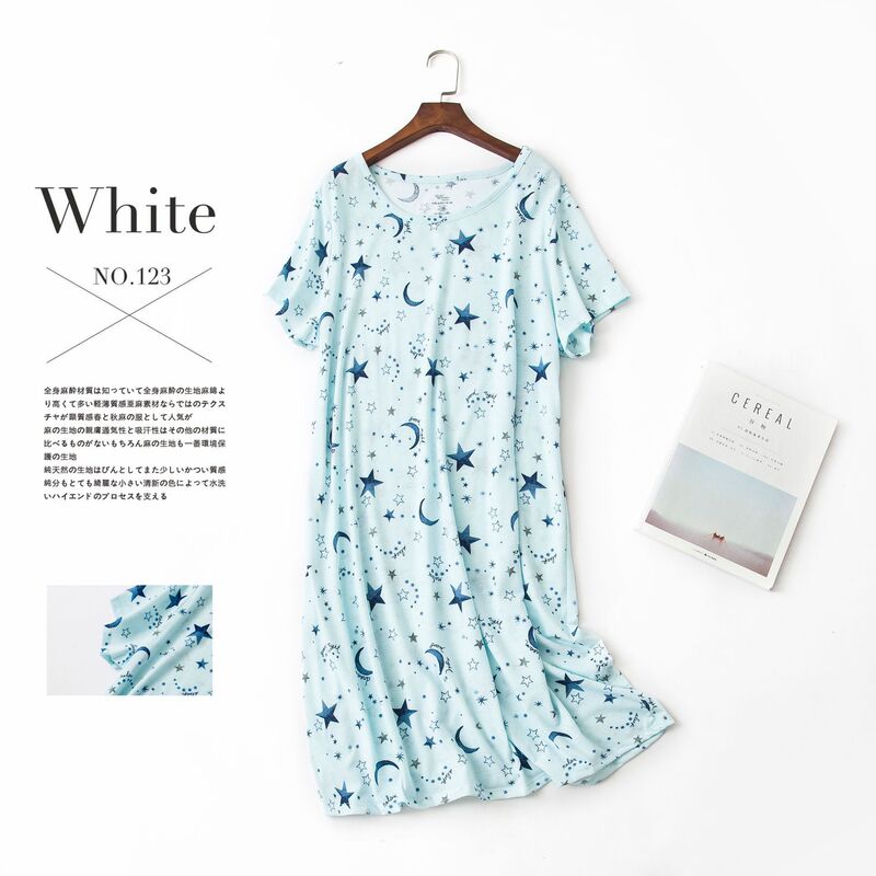 Cross-border Summer Nightgown Women's plus size Cute Cartoon Cotton Home Clothes Knitted Sweet plus size Short-sleeved Round Neck Pajamas
