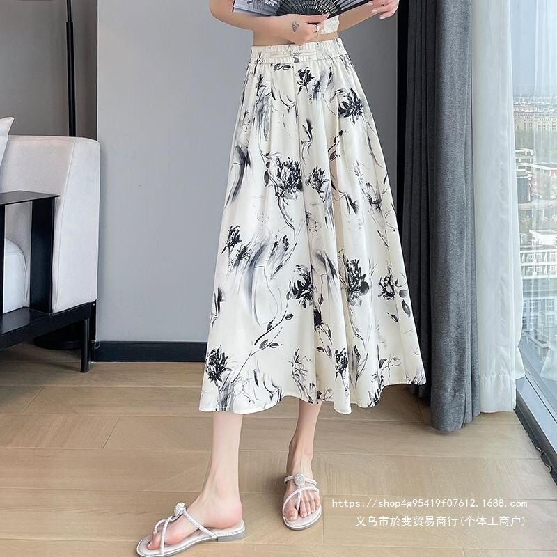Ink-printed Chinese-style skirt-pants, summer wide-leg thin style, 2026 new model, high-waisted, loose-fitting, with ink painting drape Ink-printed Chinese-style skirt-pants, summer wide-leg thin style, 2026 new model, high-waisted, loose-fitting, with ink painting drape