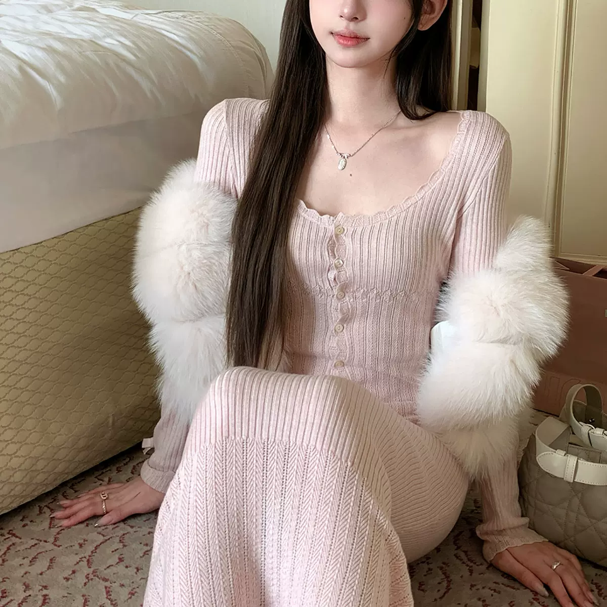 娇美温润感 软糯修身粉色长袖针织衫女秋冬针织鱼尾长裙两件套装