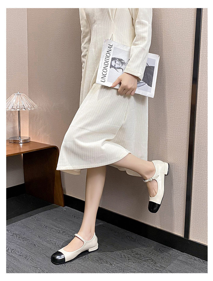 Giày Mary Jane nữ đế bằng da mềm miệng nông mũi vuông phối màu một dây ngang — Màu bạc, Màu mơ, Đen vàng kim chi tiết 28