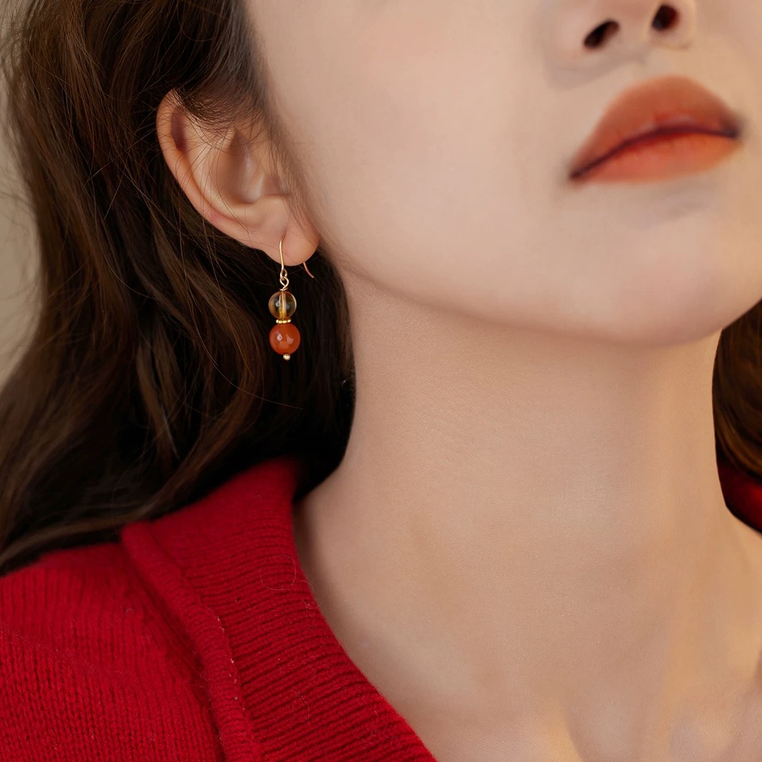 Natural Citrine Agate Earrings Red Earrings New Year's Day Festive Atmosphere Red Classic Autumn and Winter Ear Jewelry