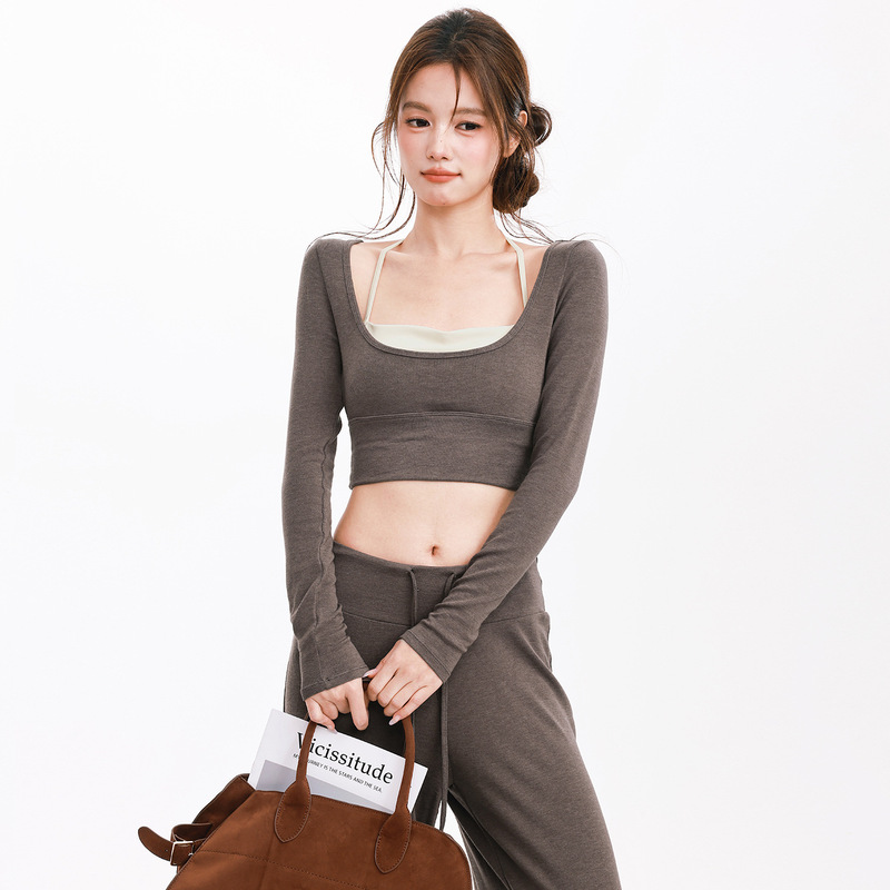 Halter Neck Long Sleeve Fake Two-Piece Yoga Suit Short Pilates Yoga Fitness Suit Stretch T-Shirt Autumn