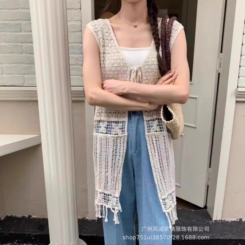Women's Spring Outerwear Mid-Length Sleeveless Vest Thin Knitted Cardigan with Tassels