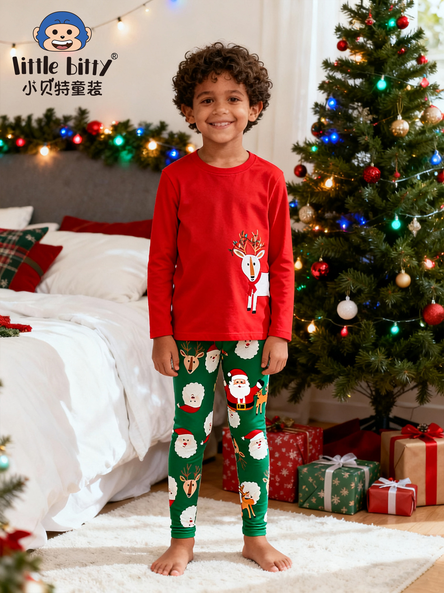 Cross-Border Children's Clothing Christmas Children's Long-Sleeved Suit Elk Embroidered Pattern Tight-Fitting Home Clothes Pajamas Ready for Sale