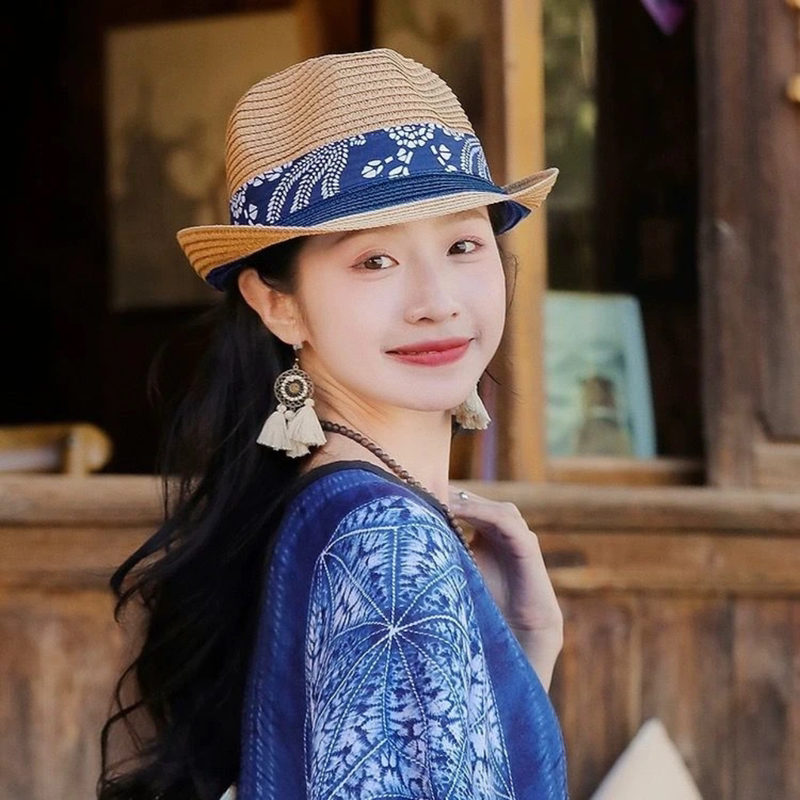 Straw Hat Women's New Ethnic Style Small Topper Hat Seaside Beach Sun Protection Spring Summer Holiday Travel Korean Style