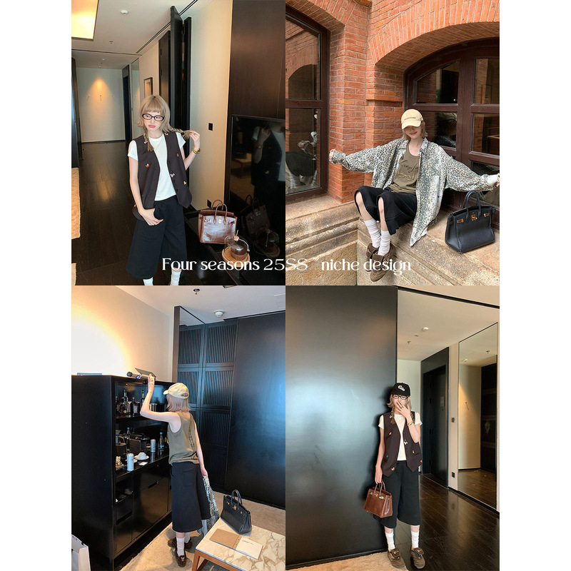 欧阳大口袋七分裤女秋季宽松运动短裤直筒阔腿裤美式复古裤子|undefined